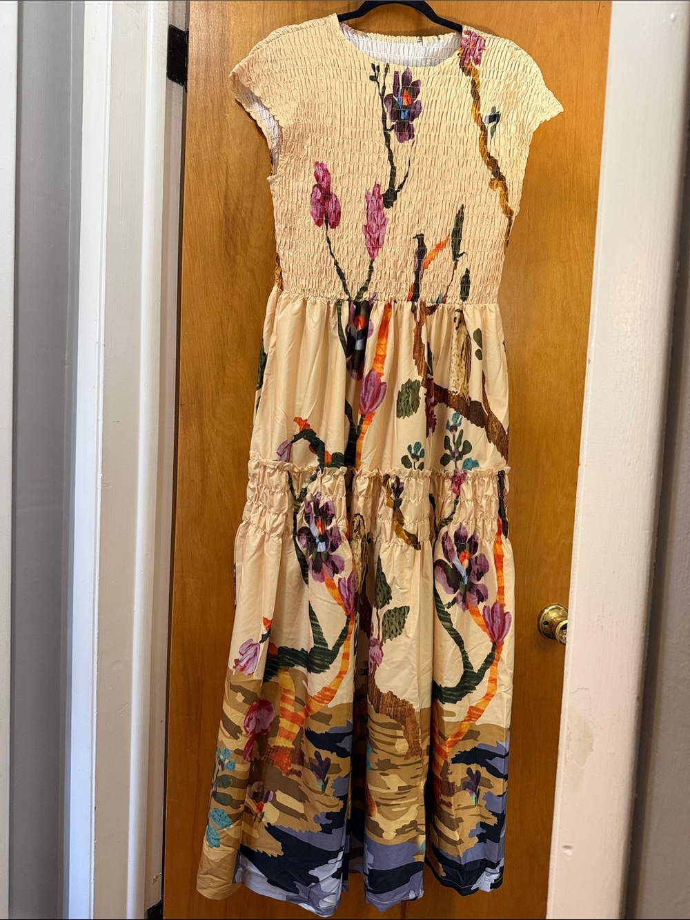 Desert Floral Tiered Maxi Dress Smocked Bodice Women’s XL